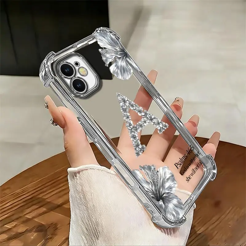 Suitable for [iPhone 12] high-end phone case🥰, Aesthetic Silver Glitter Initial Floral Phone Case, God Is Within Her Clear 4-Corner Shockproof Camera Protective Cover 952