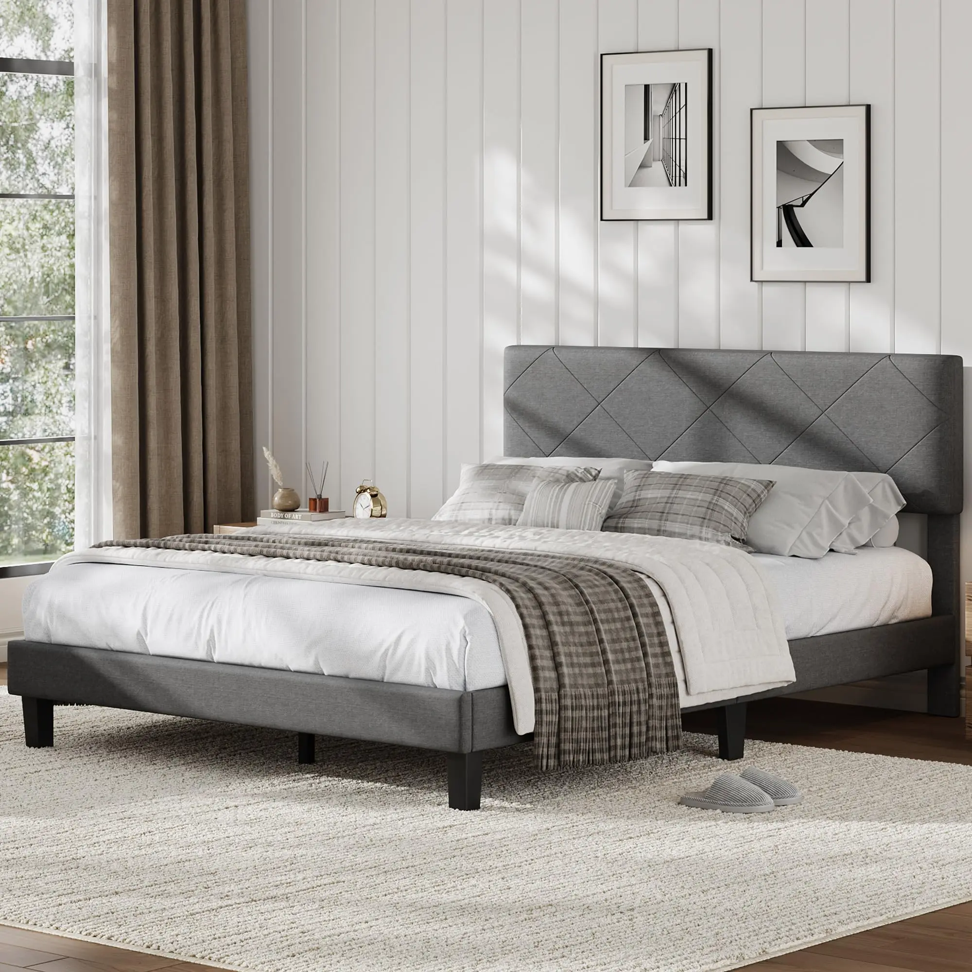 Upholstered Bed Frame for Modern Bedroom - Grey Queen/Full Size, Diamond-Quilted Breathable Headboard, 900 lbs Strong Durable Wooden Slat Support, Noise-Free, Fade Resistant, No Box Spring Needed, Easy Assembly
