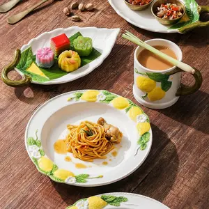 50 Hand-Painted Lemonware Set, 9-Inch Plates & 5-Inch Cups, High-Quality Ceramic, Oven/microwave Safe, Perfect for Home & Gifts