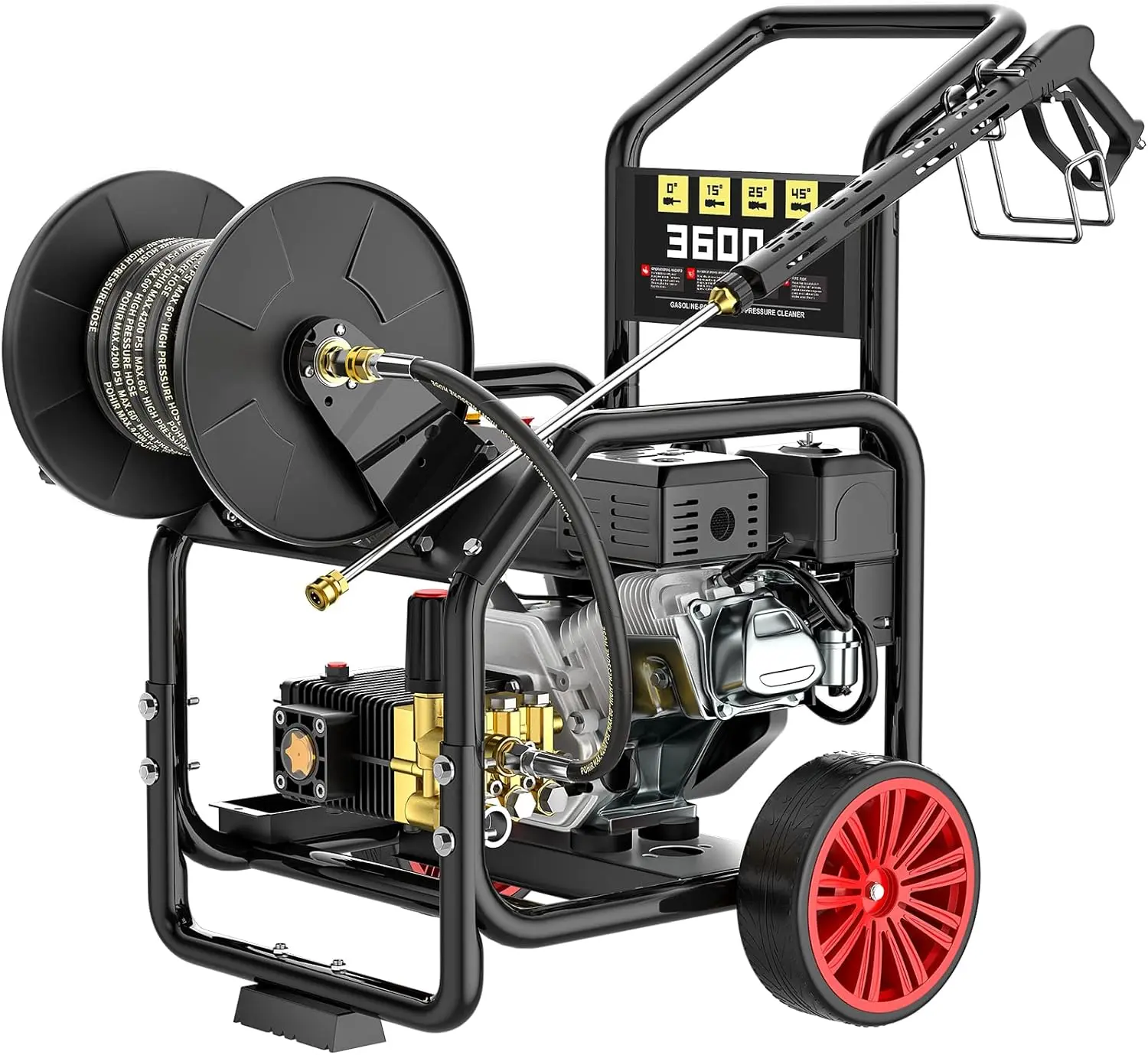 POHIR Portable High Pressure Washer, 7HP Gas-Powered Heavy Duty Unit with Crankshaft Brass Pump, 3600 PSI @ 3.3 GPM, Hose Reel, Adjustable Water Pressure Nozzle for Paint Removal, Driveways, Siding, Houses