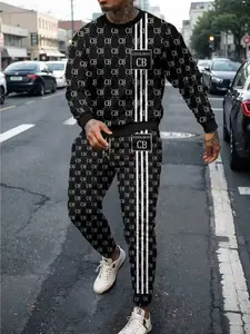 Men's Fashion Sweatshirt Set, 3D Printed Drop Shoulder Round Neck Long Sleeve Long Pants Two-Piece, Casual Fitted All over Print Fall & Winter