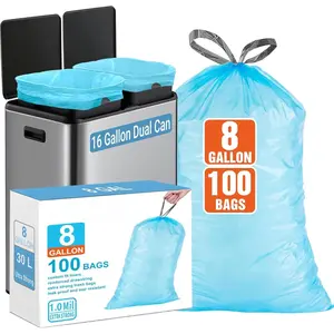 8 Gallon Trash bags for Dual Trash Can (2 x 8 Gallon), 100 count Drawstring Kitchen Garbage Bags, Pre-Separated Blue