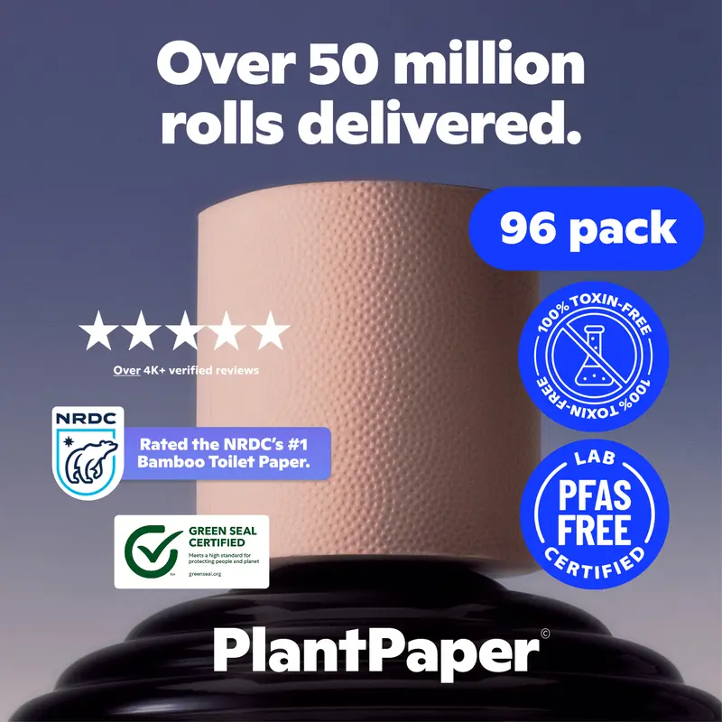 96 Rolls PlantPaper | 100% Toxin-Free Bamboo Toilet Paper | Super Soft, Bleach-Free, PFAS-Free, 3-ply