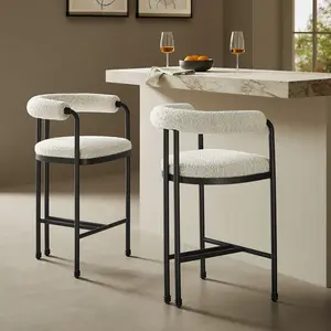 Turin Curved Back Boucle and Metal Counter Stool in Black Pearl