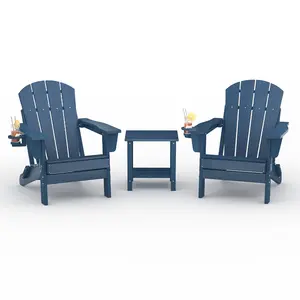 Folding Adirondack Chair Set of 2 with Side Table, All-Weather HDPE Outdoor Chair, Wooden Textured with Cup Holder for patios,Decks,Gardens