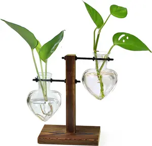 Terrarium Wooden Stand, Hydroponic Planter Bulb Glass Metal Swivel Holder Retro Air  Water  for  Office Decoration,  Lover Gifts - 2 Love Bulb Vase