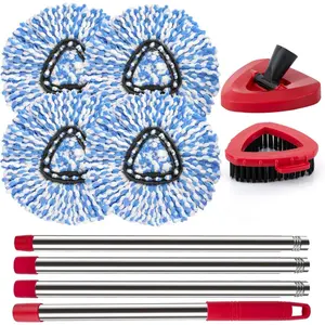 Spin Mop  Replacement Base Handle Compatible with O Cedar Rinse Clean 2-Tank System, 4 Mop Replace Heads, 1 Mop Handle, 1 Mop Base and 1 Mop Base Scrub Brush Combo Set