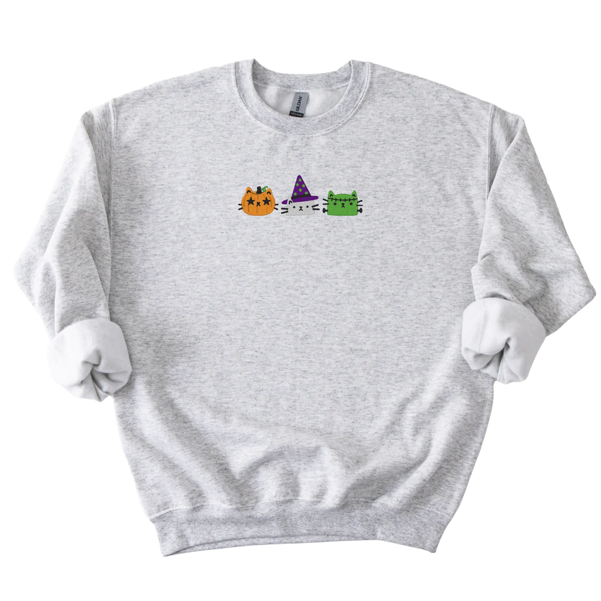 Embroidered Cat Sweatshirt, Halloween Cat Crewneck, Spooky Cat Lovers Sweatshirt