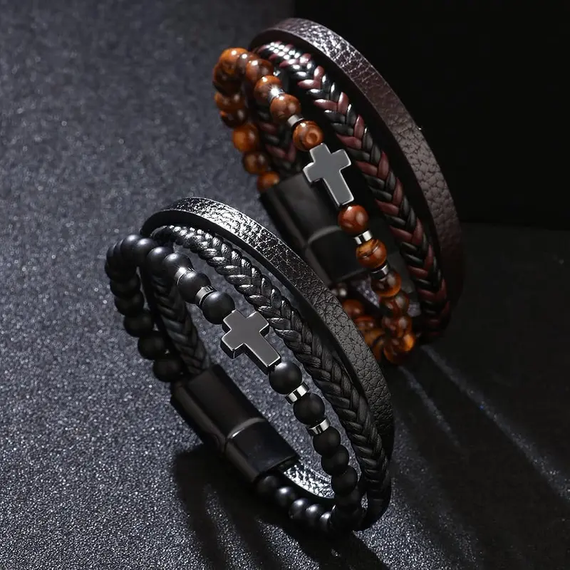 Sofia Men's Multistrand Braided Faux Leather Bracelet with Charms - Natural Stone Accent, Magnetic Close, Boho Style, 7.5-8.5in Wrist, Cross Engraved, Magnetized, Metal & Leather Strap Bracelets & Bangles for Daily Wear, Christmas Gift