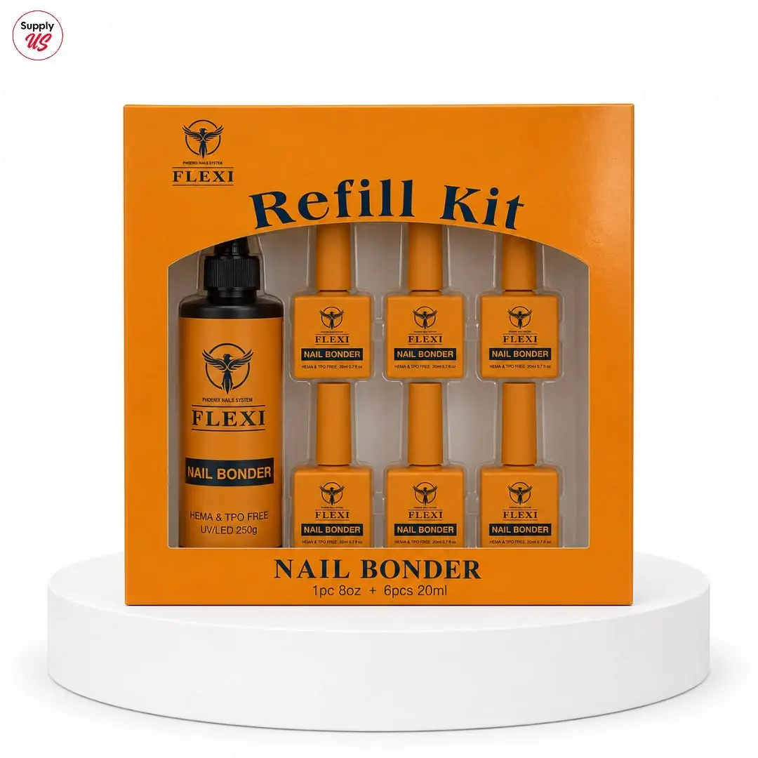 Phoenix Flexi Nail Bonder (Sticky Bond) Refill Kit - 8oz HEMA/TPO-Free Formula with 6 Complimentary 0.7oz Strong Adhesion Nail Strengthener Treatments