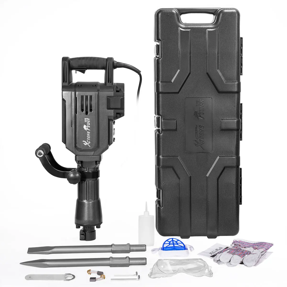 XtremepowerUS 2800W Electric Demolition Jack Hammer Kit, Delivers 1800 BPM, 360° Adjustable 16in Bull Point Chisel, Extra Control, Fits 1-1/8in Hex Shank Bits, Case for Concrete/Masonry/Home Renovations