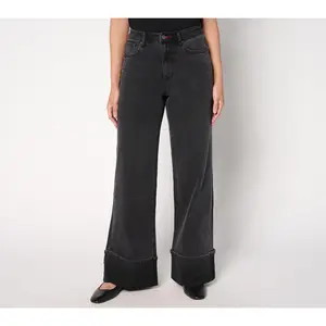 QVC Women's Regular-Fit Full-Length Cuffed Woven Jeans with Pintuck, Button Closure, Pocket, Spandex Blend for Everyday Wear - Black