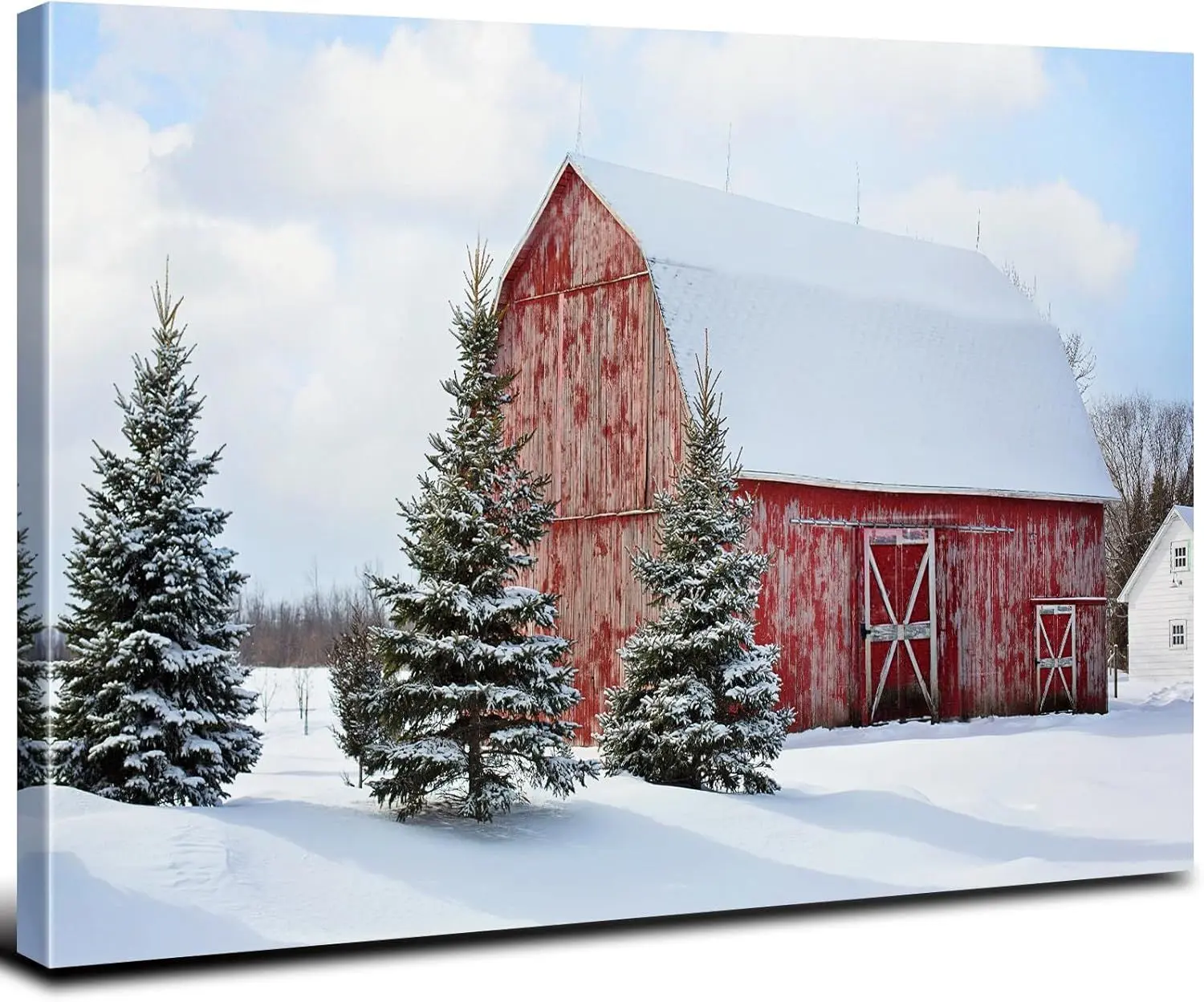 Rustic Farmhouse Christmas Canvas Wall Art – Red Barn Landscape, Snowy Winter Scene with Christmas Tree, Large Wall Decor for Home, Living Room, Bedroom