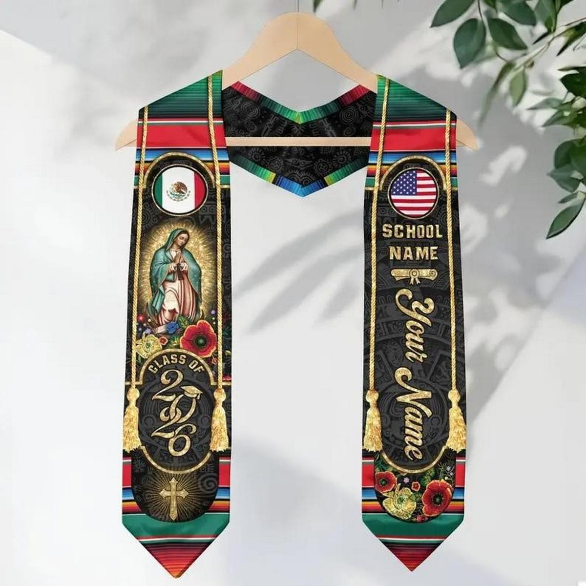 Mexican Graduation Sash Style Graduation Stole Class of 2026 Sash, Custom Graduation Gift for Student , Mixed Flag Graduation Scarf