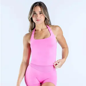 with logo | dfyne Women Seamless Yoga Set Pink Halter Sports Bra and High Waist Leggings Workout Gym Outfit