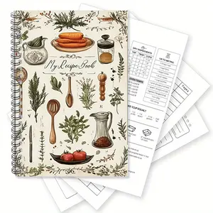 1 Spiral Binding Recipe Book, Workbook - Beige & Brown Kitchen Cookbook with Cooking Tools, Chef's Diary, Rugged Spiral Binding, 5.5x8.3 inches (50 pages) - Perfect for Home Cooks, Professional Cooks, Food Lovers Birthday/Wedding Gifts