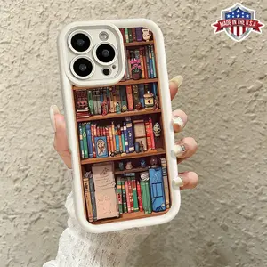 Vintage Bookshelf Library Pattern Slim Case for iPhone 17 16 15 14 Pro Max 13 12 11 XR XS Plus Air Shockproof Anti Drop Protective Lightweight Durable TPU Cover
