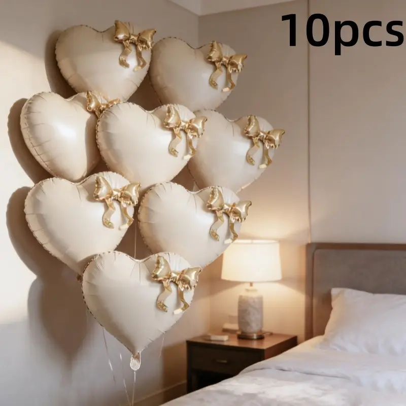 10Pcs Party Balloon Set – White & Gold Bow Heart-Shaped Foil Balloons for Bachelorette, Pajama, Birthday, Easter Mother's Day Wedding Valentine's & Engagement Graduation Season No Power Needed, Elegant Decor for Celebrations