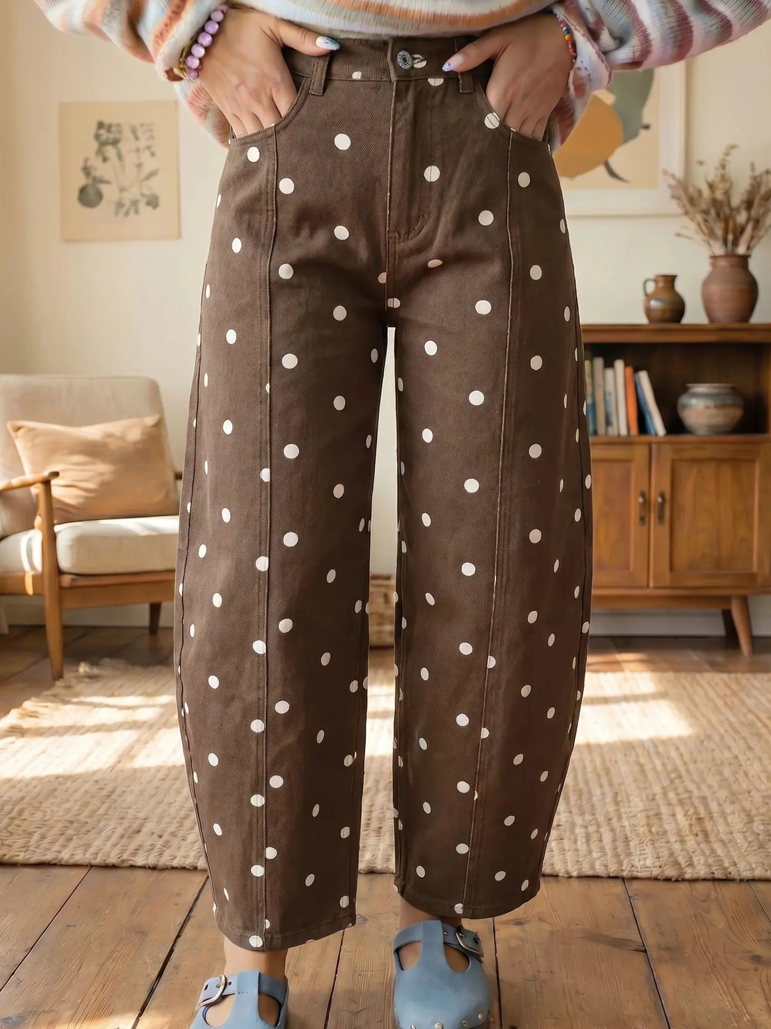 Women's Polka Dot High-Waist Barrel Leg Cotton Mix Jeans - Seam Detail, Decorative Cuffs, Ankle-Length All-Season Casual Clothes Pants for Women, Denim Pants, Loose-Fit