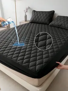 Waterproof Bedding Set (Mattress Protector), 1 solid black diamond grid fitted sheet. Made of soft, skin-friendly and breathable polyester fabric, suitable for bedroom use.