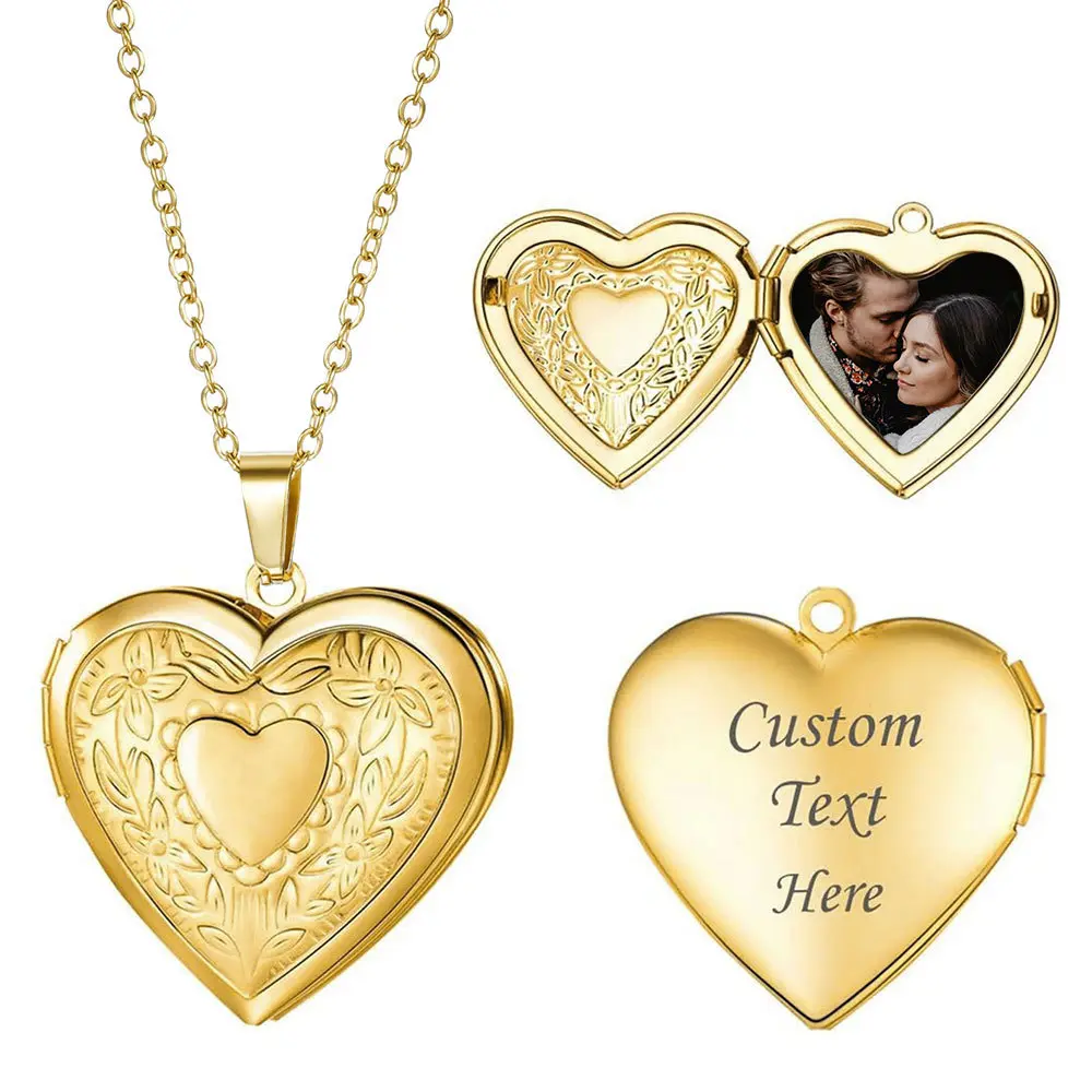 Silver Plated Heart Locket Necklace, Engraved Floral Pattern Openable Photo Locket Pendant Necklace for Women