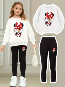 Girls' 2-Piece Set Bow Mickey Mouse Cartoon Print Sweatshirt & Tight Pants, Ages 4-12, Casual Fall Winter, Casual Fashion Set