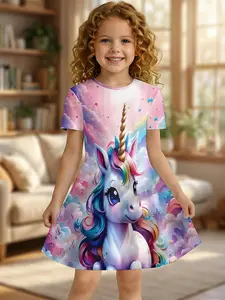 Girls Summer Dreamy Unicorn Print Dress, Kids Pink Purple Gradient Crew Neck Short Sleeve A-Line Dress