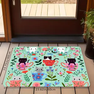 Cute Cat & Floral Kitchen Rugs Set, Non-Slip Washable Floor Mats, Mint Green Cartoon Cat & Teacup Print Runner Carpets for Kitchen, Bathroom & Cat Lover Decor
