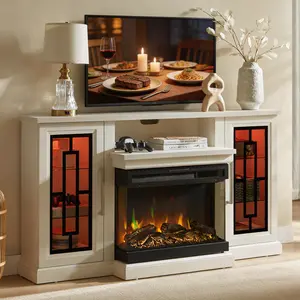 Antique White, 59 Inch LED TV Stand with 3-Side Glass Fireplace, Modern Media Entertainment Center Console Table for TVs up to 65 Inch with Adjustable Color, 24’’ Fireplace, Highboy