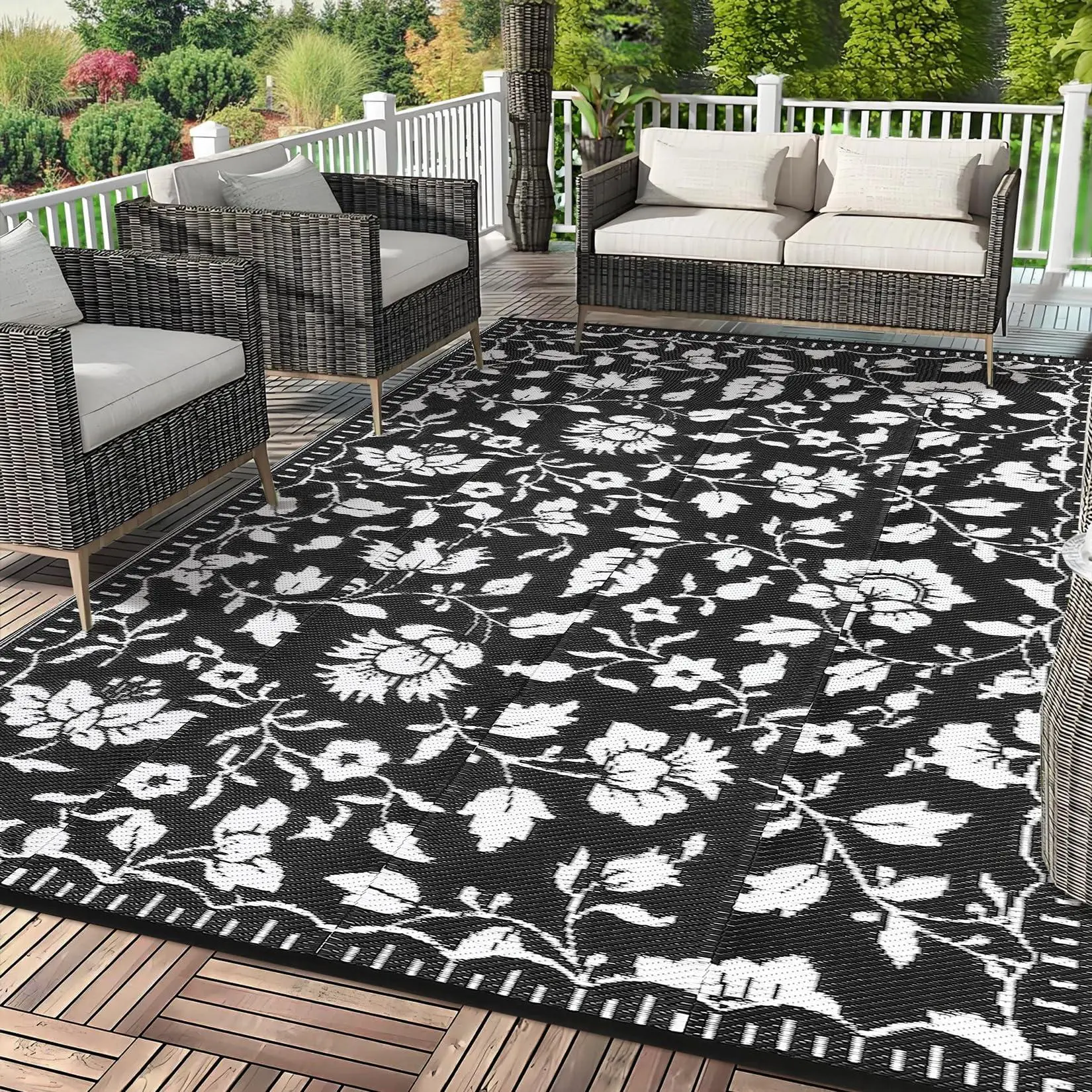Floral Outdoor Rug Patio Waterproof, Vintage Outdoor Plastic Straw Rug Camping Rugs for Outside Your RV, Foldable Reversible Mats with Portable Bag for Backyard, Porch, Camper, Black