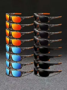 16pcs camo sports cycling sunglasses, are unisex, available in multiple colors, provide UV400 protection, ideal for outdoor activities, include a camo frame with rubber nose pads for style and comfort