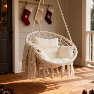 Macrame Hammock Hanging Chair with Cushion Beige , Black , Gray , Perfect for Bedroom, Porch, Balcony Comfortable Seating Option Cozy Relaxing Spot