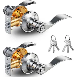 2 Pack Keyed Entry Door Lever, Same Key Wave Handle Lock for Exterior & Interior Doors, Rust-Proof Zinc Alloy Door Knobs with Lock and Key, Fits Right & Left Handed, Satin Nickel Bedroom Door Lock