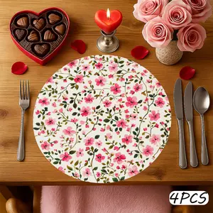 4pcs Romantic Botanical ArtisticValentine'S Day Table Pad, 38.1cm Round placemat- Floral Pattern Pink Red Scatter Perfect for Kitchen, Parties & Romantic Dinners, Valentines Decorations,polyester fiber Machine washable