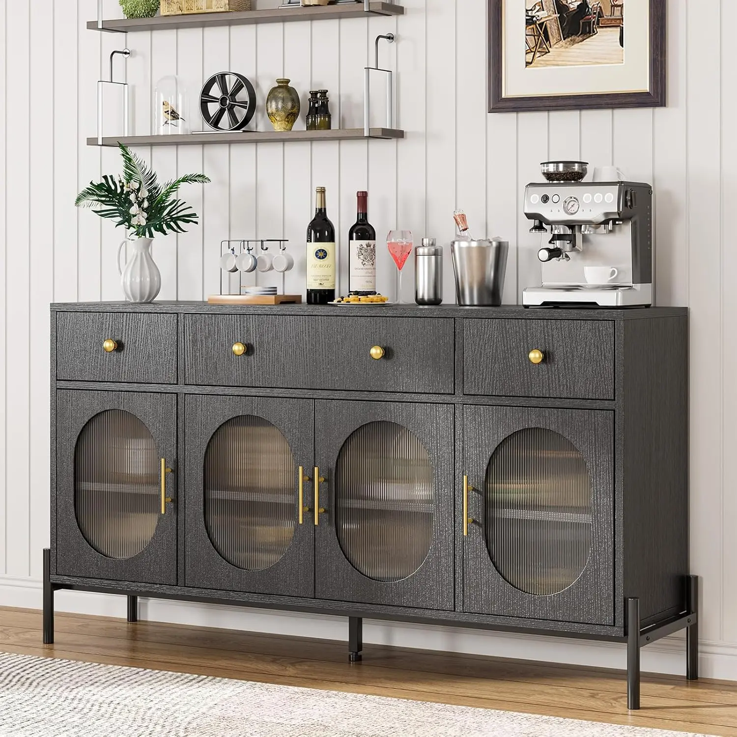 Gaomon 62-in Width Adjustable Storage Cabinet - Sturdy Black Wooden Home Organizer Sideboard with Metal Base, Unique Texture, Panel, 3 Drawers, 4 Fluted Glass Doors, 2 Cabinets with Adjustable Shelves for Dining Room, Kitchen, Smooth Gliding Drawers, Wood