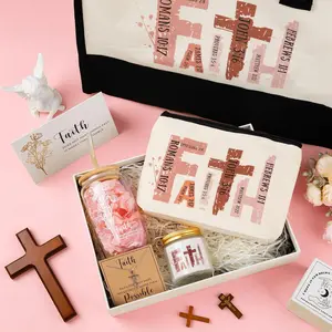 6 Pcs Christian Gifts for Women Faith Set Mother's Day Religious Gift for Women with Tote Bag Makeup Bag Candle Cross Necklace Cup Greeting Card for Church Grad Birthday(Faith,Pink)
