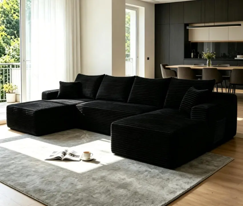 134inch-Black Plush 5-Seat Minimalist Reversible U-Shape Modular Sectional Sofa - Sponge Foam-Spring Cushion, Chaise, Side Pockets, Cup Holder, Deep Seats, All Seasons, Fully Assembled for Living Room