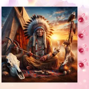 5D DIY Full Drill Round Diamond Painting - Diamond Art Painting Kit Indian Chief Mosaic, Canvas - DIY Decorative Painting, Home Wall Art, Suitable for Halloween and Christmas, Birthday and Anniversary Gifts, Crafts