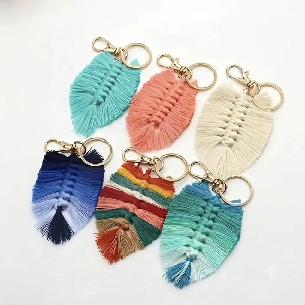 Bohemian Macrame Feather Keychain Tassel Bag Charm Shell Buckle Festival Gift