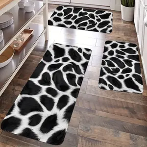 JIT 2/3pcs simple black and white cow kitchen carpet set, flannel bedside set floor mat anti-slip washable bedside soft carpet, suitable for kitchen, laundry room, corridor floor running mat carpet, Animal Print Rug