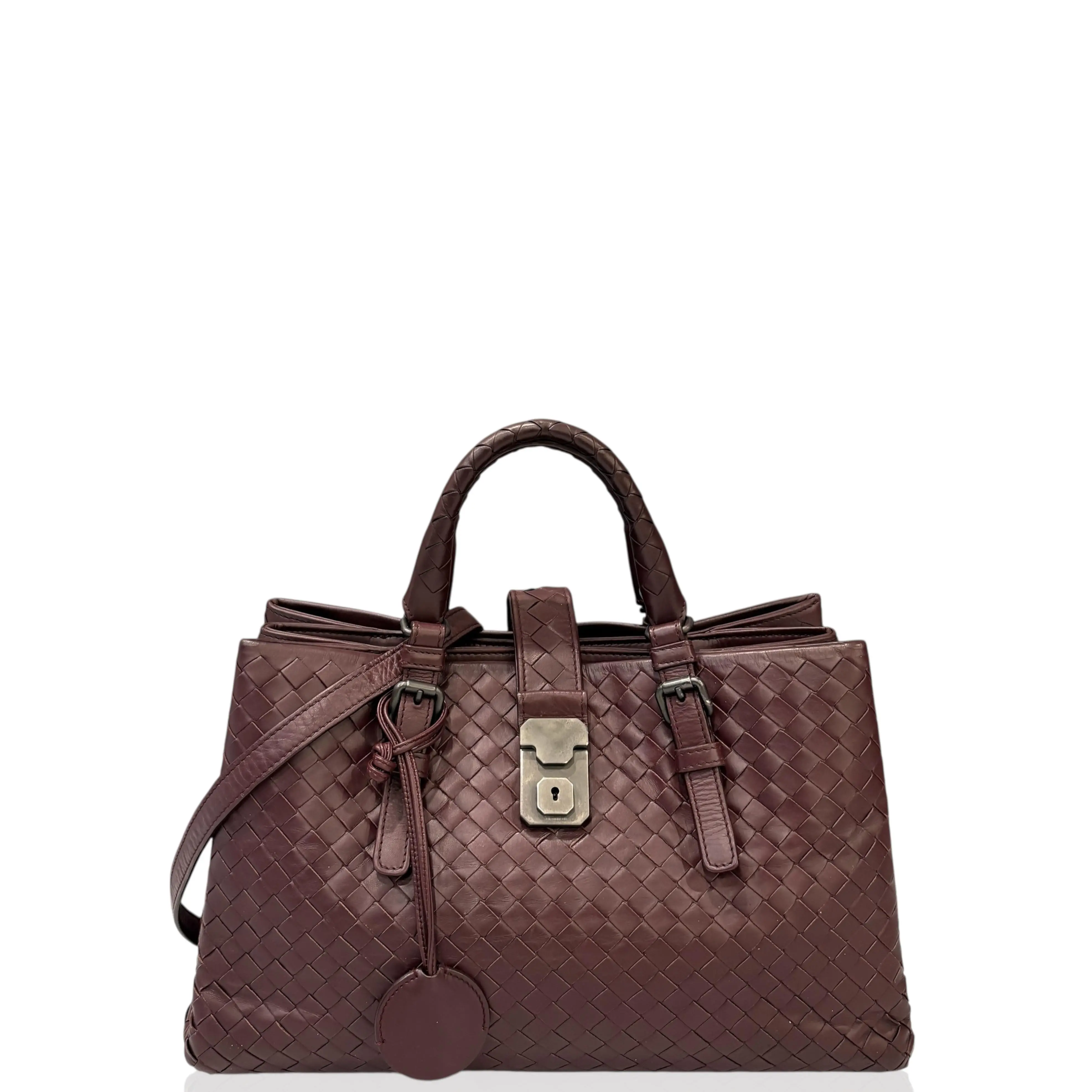 Pre-owned BOTTEGA VENETA Leather tote bags Medium Roma Tote Bag Calfskin Intrecciato Burgundy (qy030126a9)