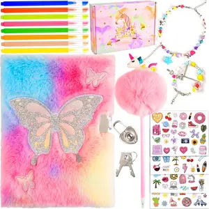 Diary for Girls with Lock and Keys Journal School Travel Notebook Gift Set for Writing Drawing Multicolored Pen Stickers Birthday Gift for Girls Pink-Butterfly