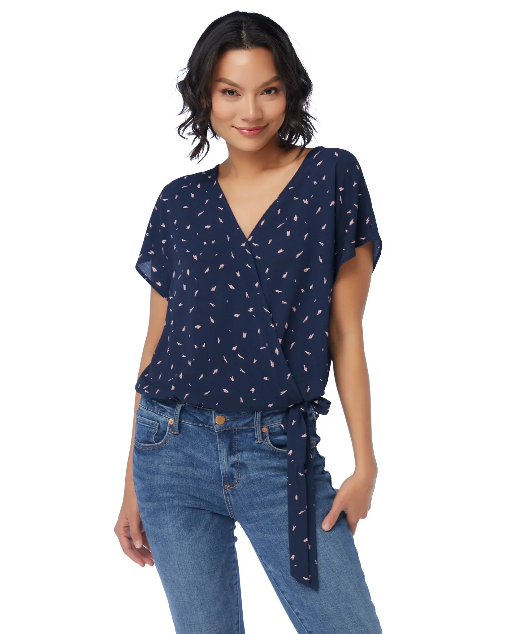 Women's Printed Woven Surplice Wrap Blouse, Short Sleeve Regular Fit Top with a Side Tie, Made in the USA, Blouses, Piece, Women's Clothes, One Piece