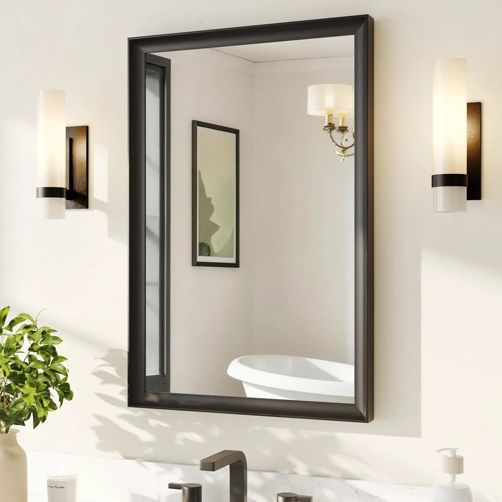 Rectangular Black Metal Framed Mirror 24'' x 36'' Inward Curved Frame Bathroom Mirror with HD Reflection & Enhanced Brightness