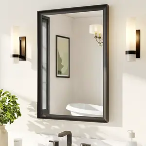 Rectangular Black Metal Framed Mirror 24'' x 36'' Inward Curved Bathroom Mirror with HD Reflection & Enhanced Brightness