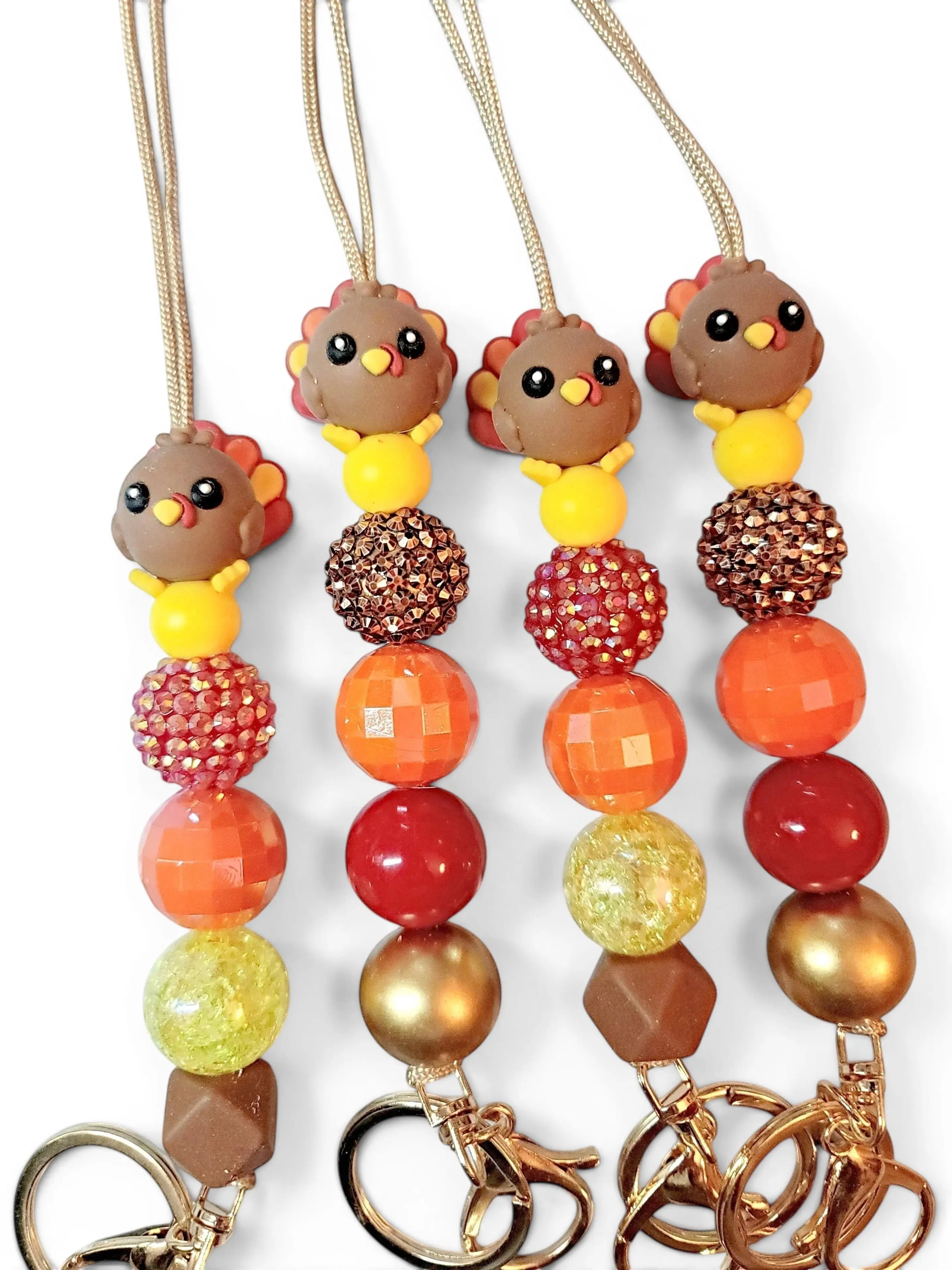 Thanksgiving Turkey Beaded Lanyard - 3D Turkey Handmade Craft Badge Holder, Acrylic Charm Key Ring for Adults | Mommie Peas, Badge Holders