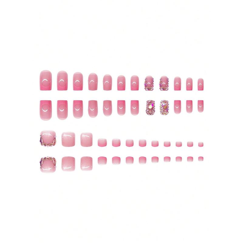Upgrade Your Look - 48pcs Pink French Style Manicure Set With Rhinestones For Women And Girls Press On Nails Multicolor High Quality Glitter Diy False Toenails nail