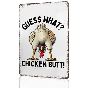 Guess What? Chicken Butt! Funny Chicken Aluminum Metal Sign - 8x12 Inch Humorous Farmhouse Wall Decor for Chicken Coop, Backyard, Barn & Country Home - Novelty Gift for Chicken Lovers, Farmers & Funny Farm Decor Enthusiasts
