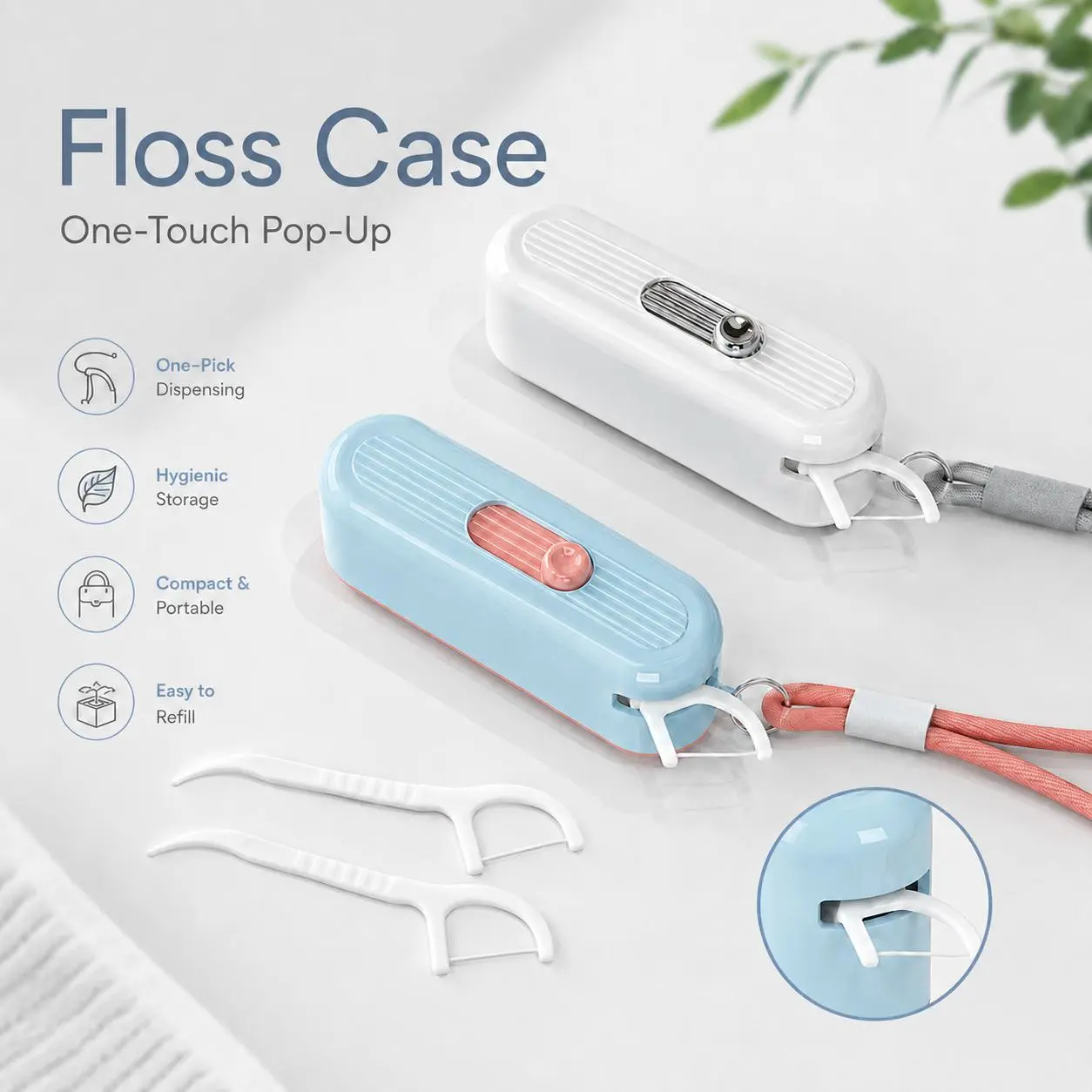 Plastic Dental Floss Case - 1-Touch Pop-Up, Compact, Portable, Hygienic Oral Storage Box with Easy Refill, Single-Pick Dispensing & Reusability