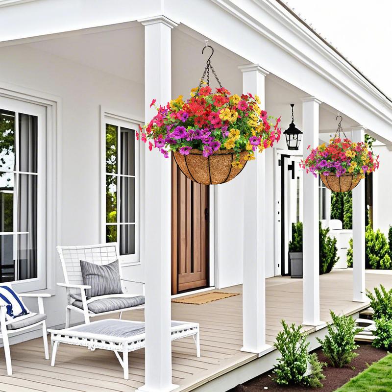 Outdoor Artificial Flowers 2set UV-Resistant Daisy Hanging Baskets Spring & Summer Outdoor Decor Garden, Entrance Hall, Corridor Plastic Flowers Maintenance-Free（ red yellow pink purple））